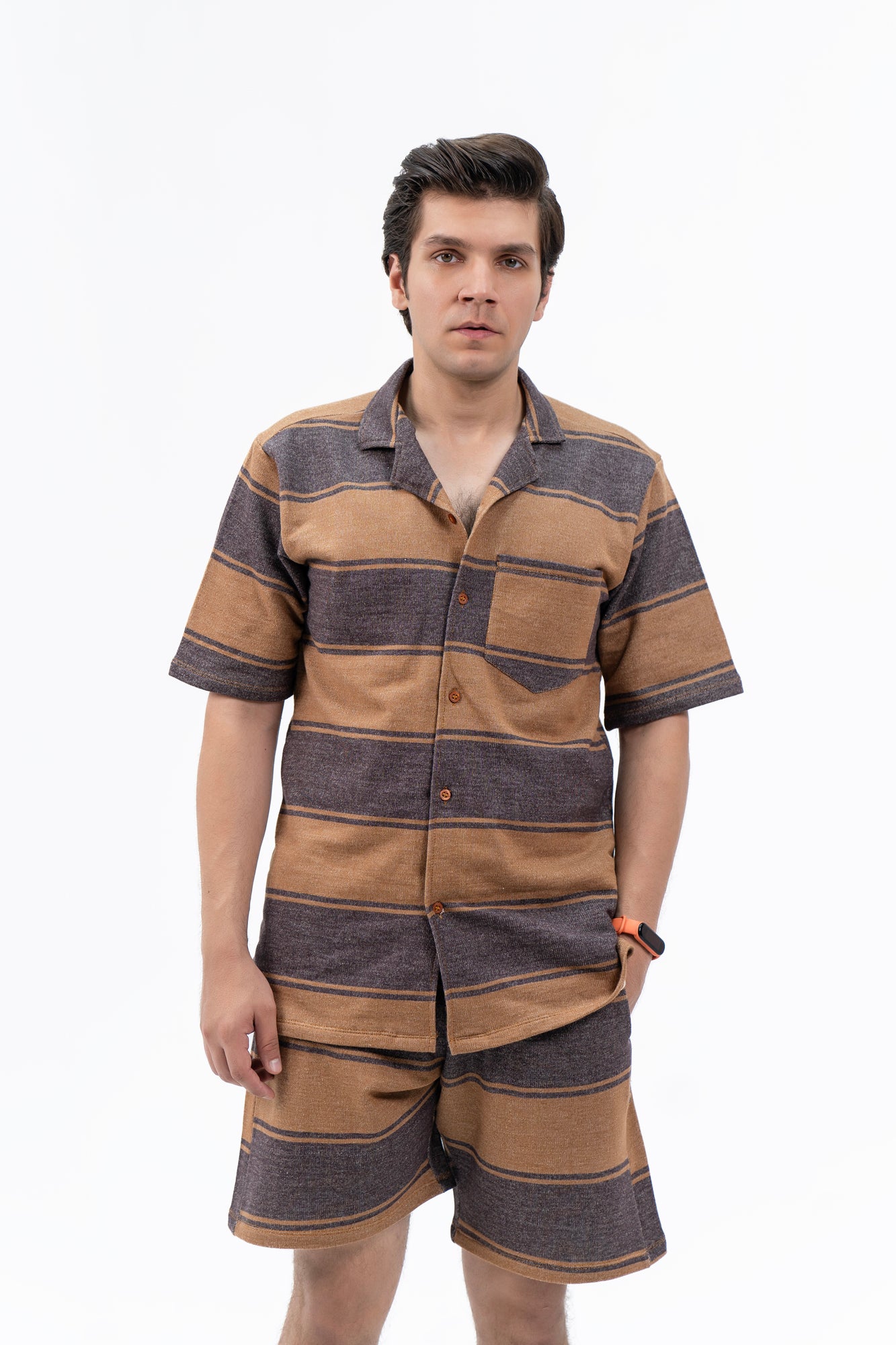 Men's Relaxed Fit Terry Resort Shirt - Brown Striped