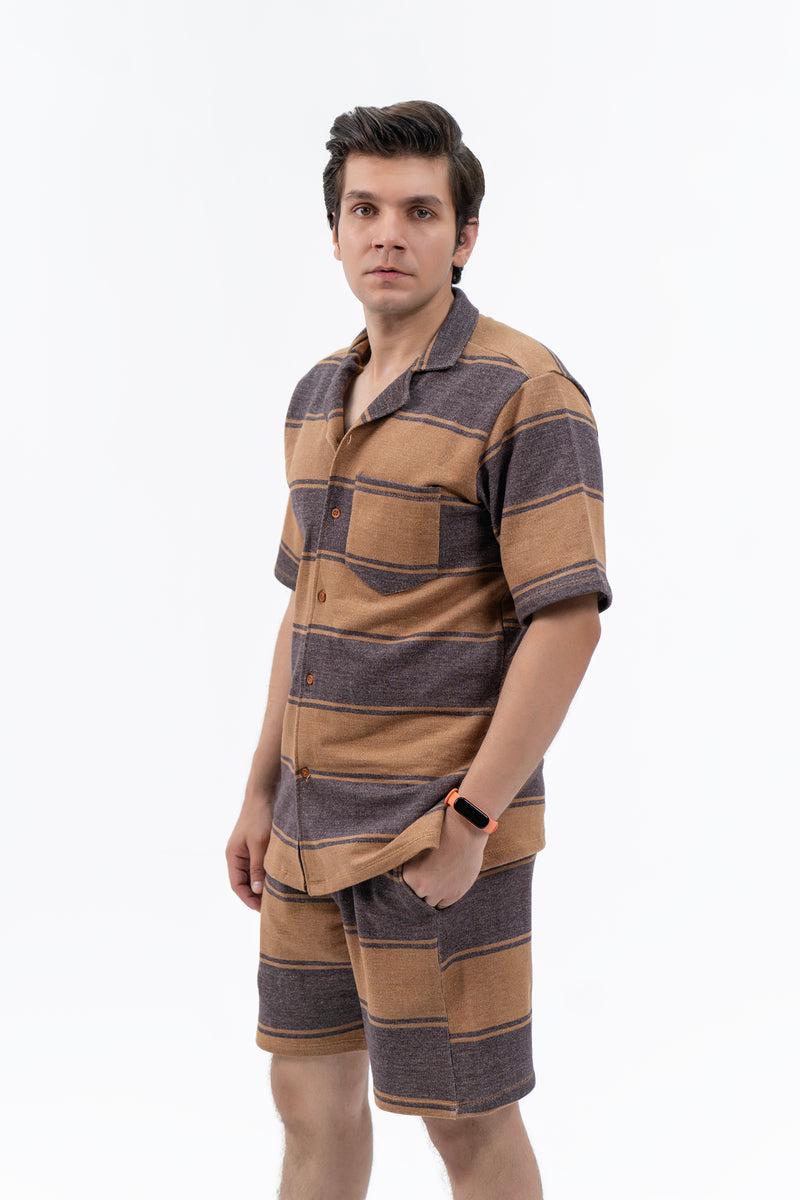 Men's Relaxed Fit Terry Resort Shirt - Brown Striped