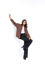 Oversized Shirt with Pleat at Back in Faux Leather - Brown