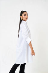 Pleated Cuff Shirt Dress -White