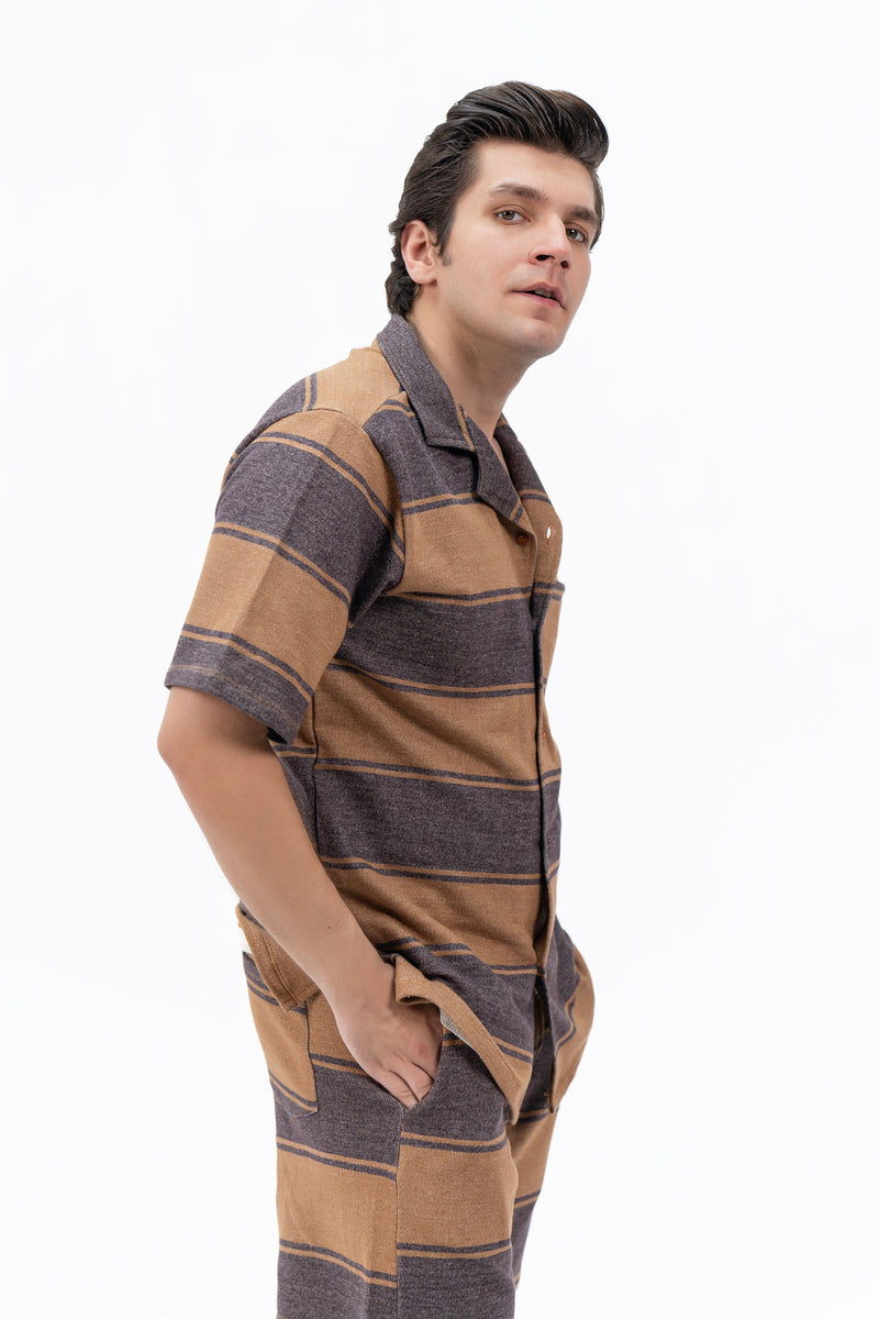 Men's Relaxed Fit Terry Resort Shirt - Brown Striped