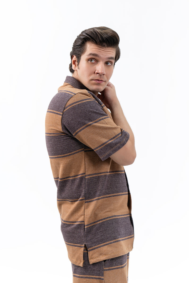 Men's Relaxed Fit Terry Resort Shirt - Brown Striped