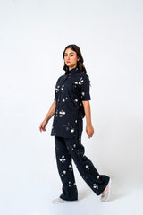 Short Sleeve Long Shirt - Black White Floral