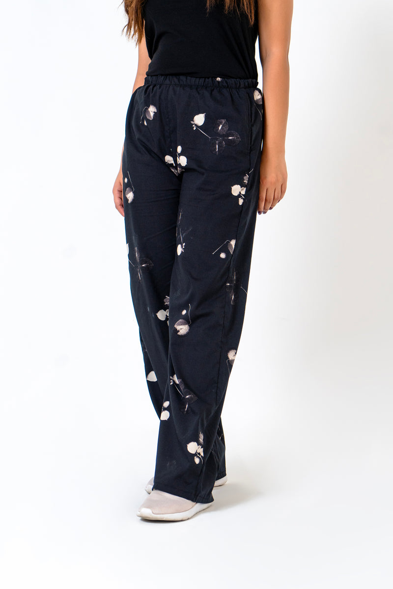 Wide Leg Elasticated Pant - Black White Floral