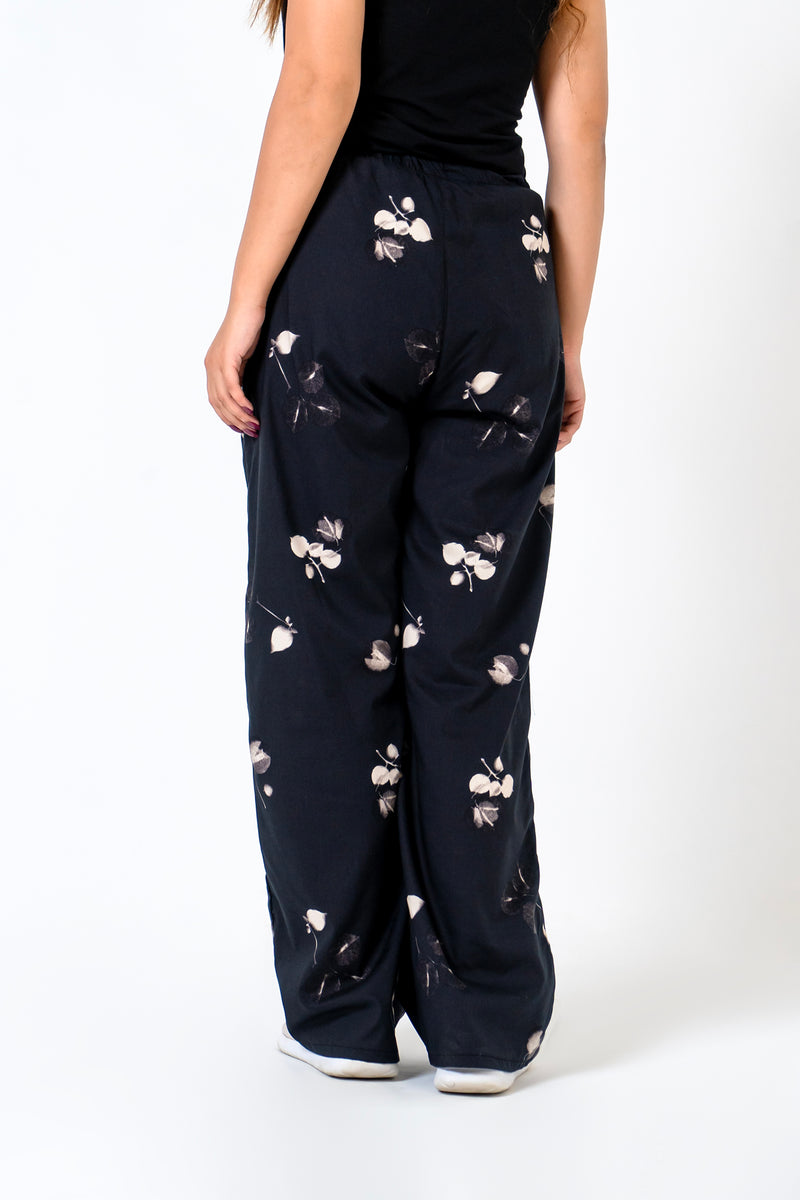 Wide Leg Elasticated Pant - Black White Floral