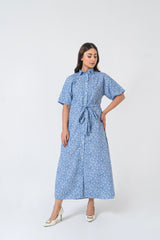 Collared Shirt Dress - Blue White Floral