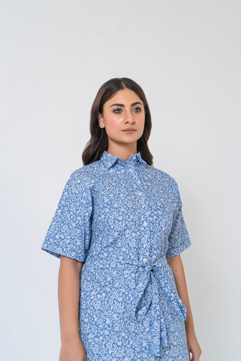 Collared Shirt Dress - Blue White Floral