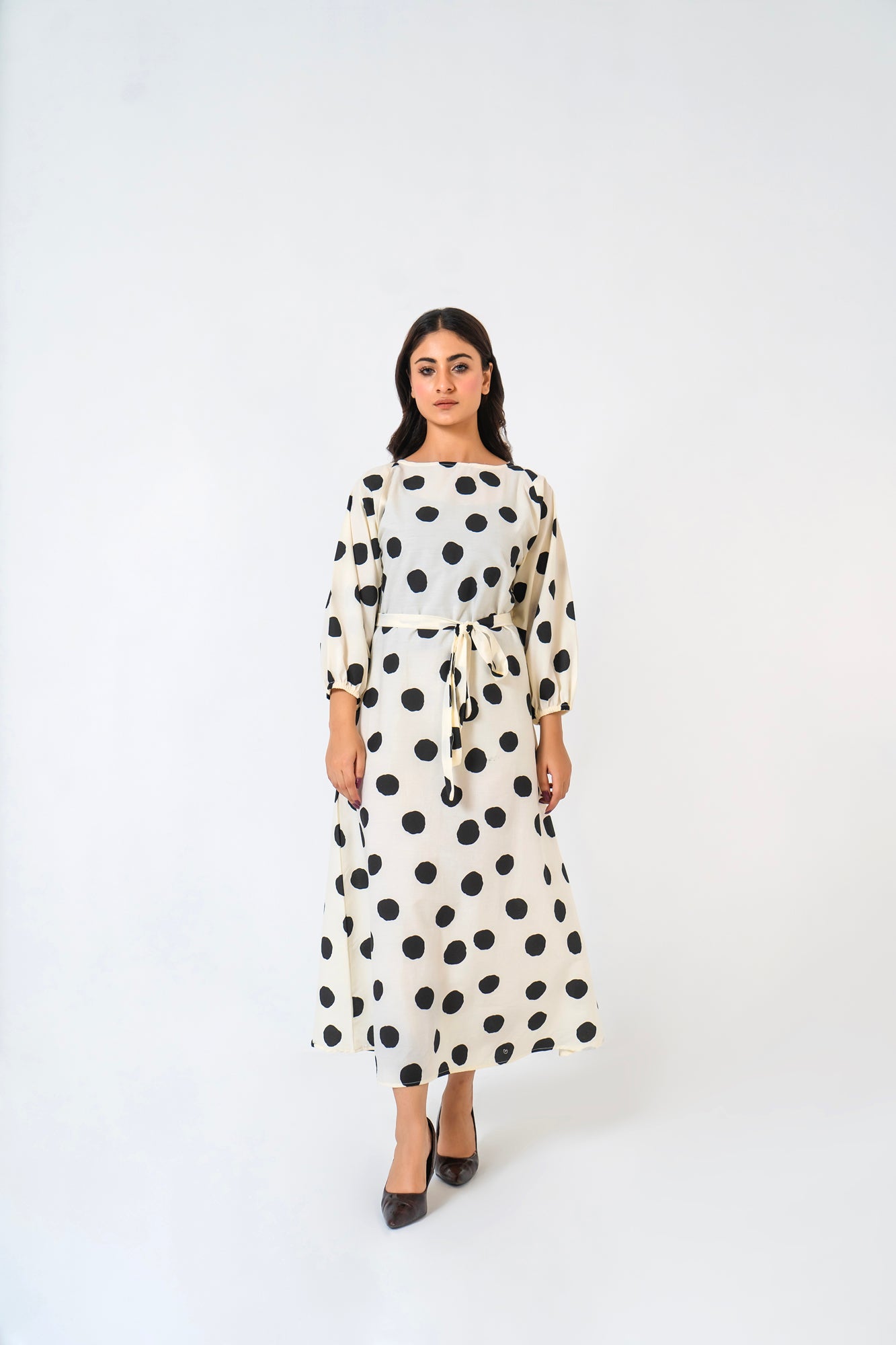 Pleated Puff Sleeve Dress - White Black Polka Dots
