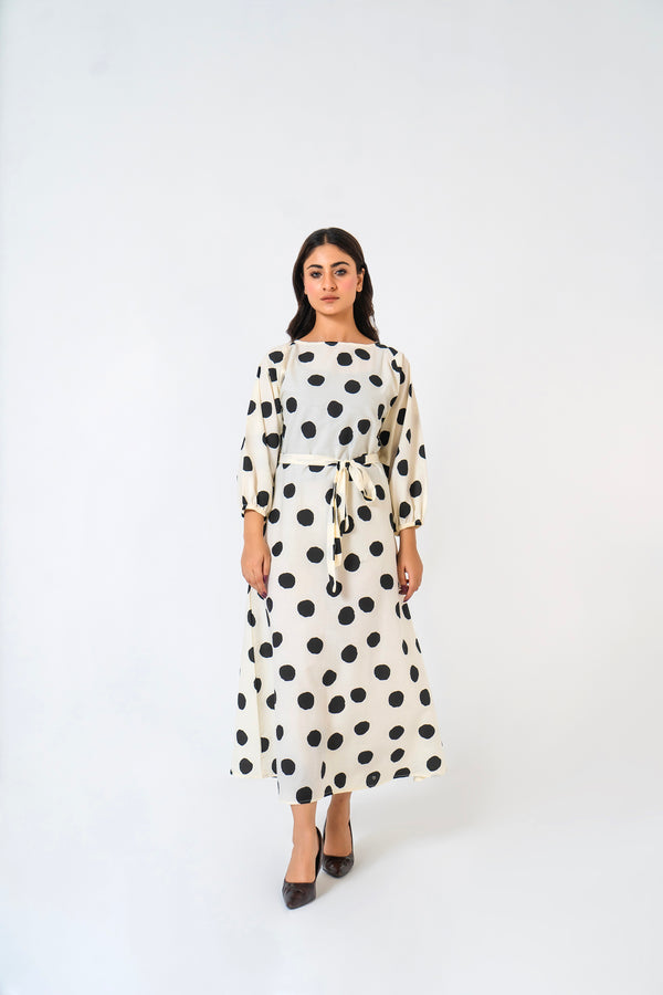 Pleated Puff Sleeve Dress - White Black Polka Dots