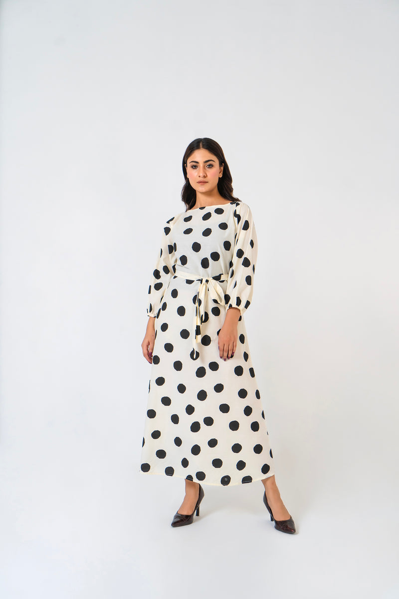 Pleated Puff Sleeve Dress - White Black Polka Dots