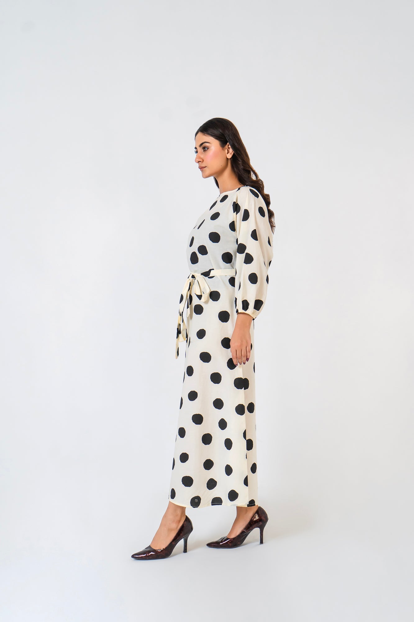 Pleated Puff Sleeve Dress - White Black Polka Dots