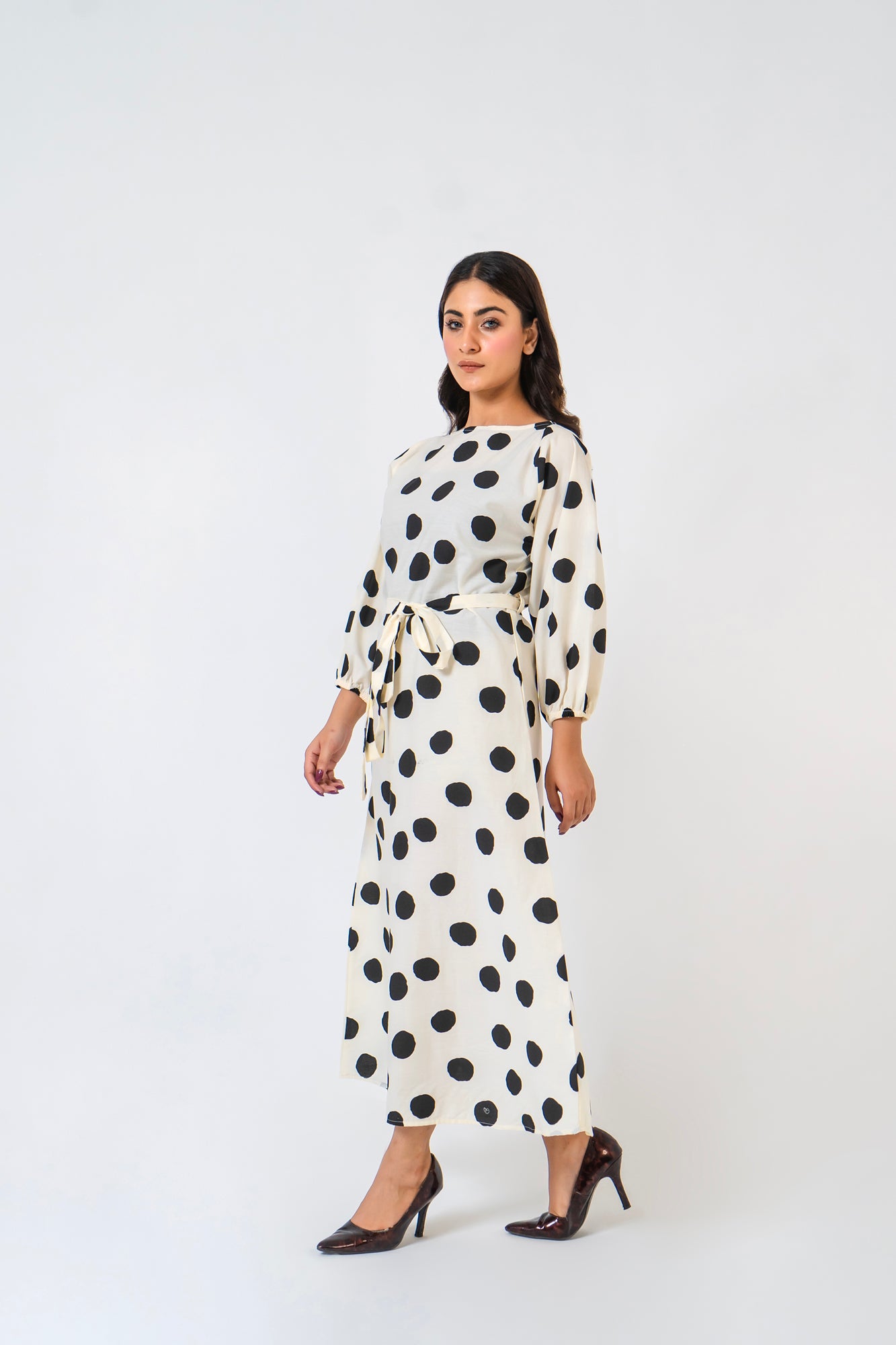 Pleated Puff Sleeve Dress - White Black Polka Dots