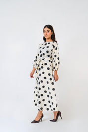 Pleated Puff Sleeve Dress - White Black Polka Dots