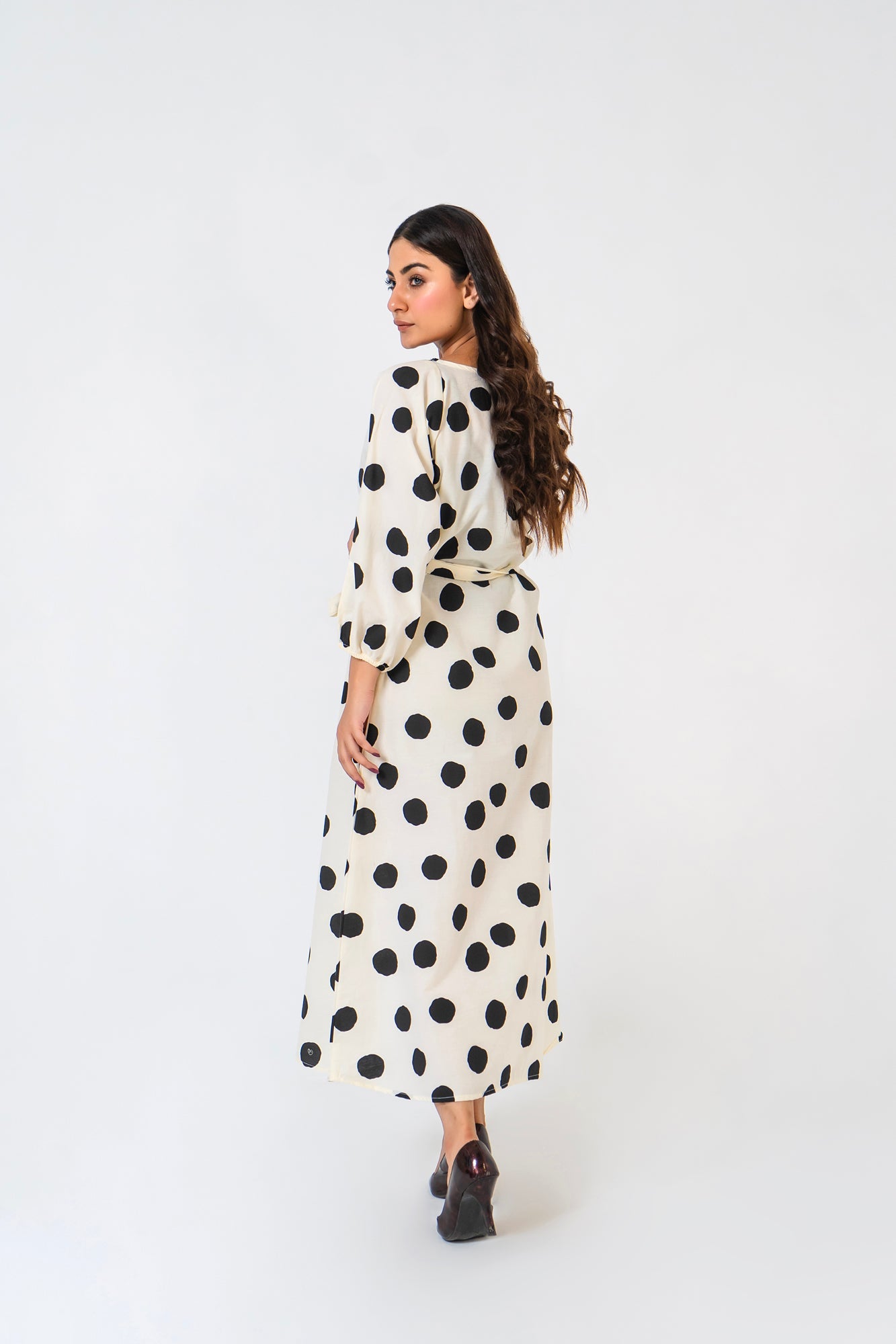 Pleated Puff Sleeve Dress - White Black Polka Dots
