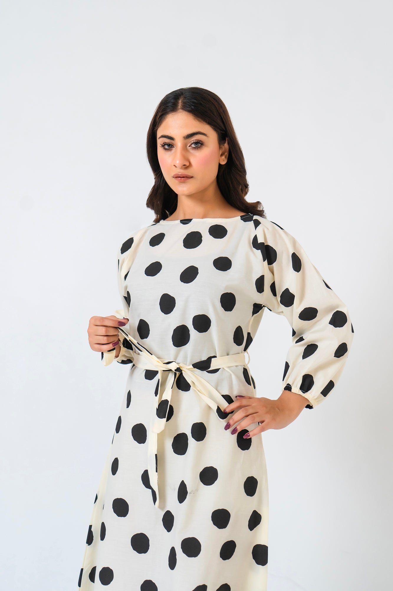 Pleated Puff Sleeve Dress - White Black Polka Dots