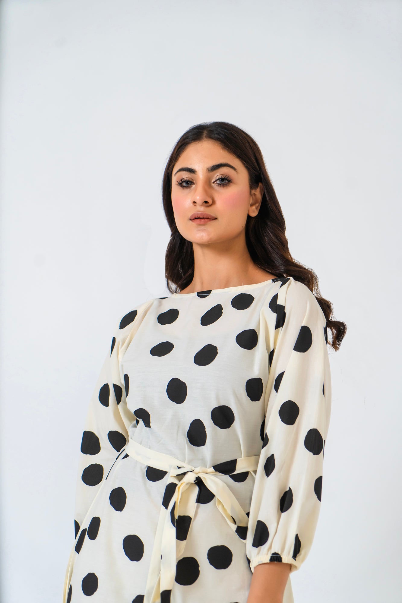 Pleated Puff Sleeve Dress - White Black Polka Dots