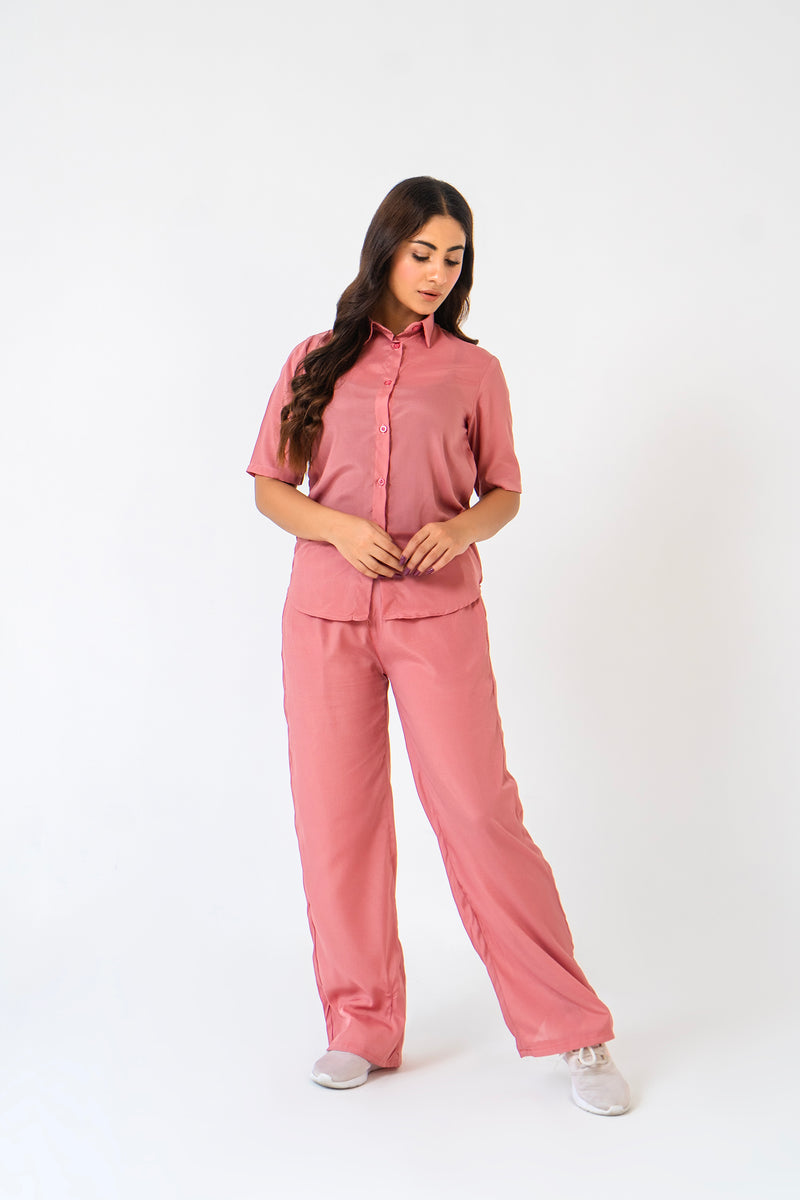 Short Sleeve Button Down Shirt - Tea Pink