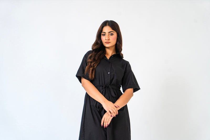 Collared Shirt Dress - Black