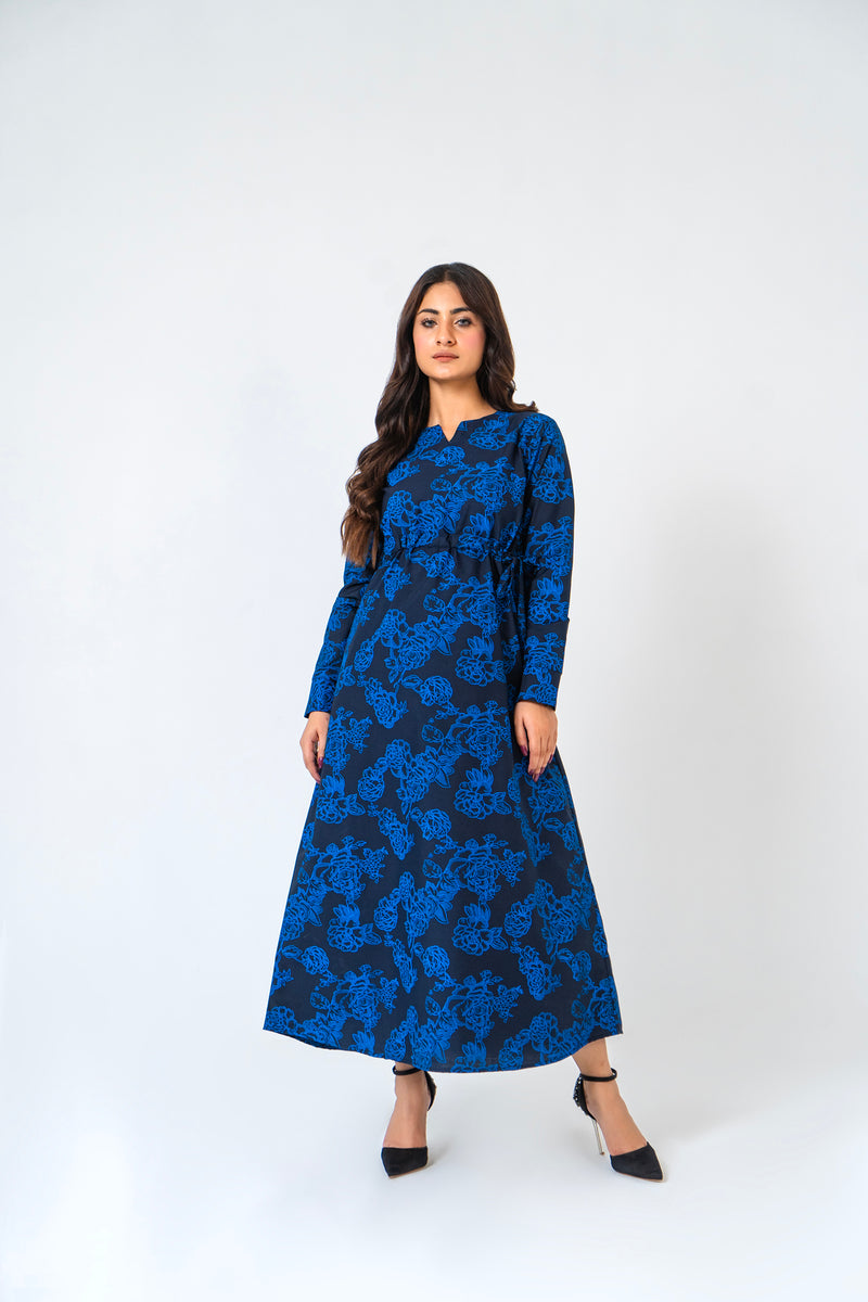 Notch Collar Maxi Dress - Dark Blue Floral