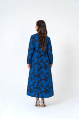 Notch Collar Maxi Dress - Dark Blue Floral