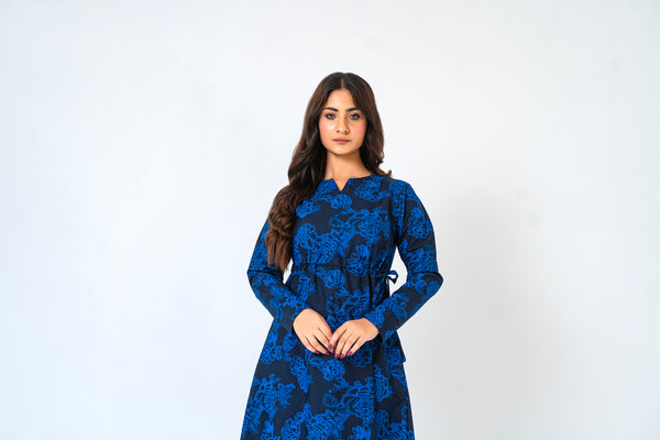 Notch Collar Maxi Dress - Dark Blue Floral
