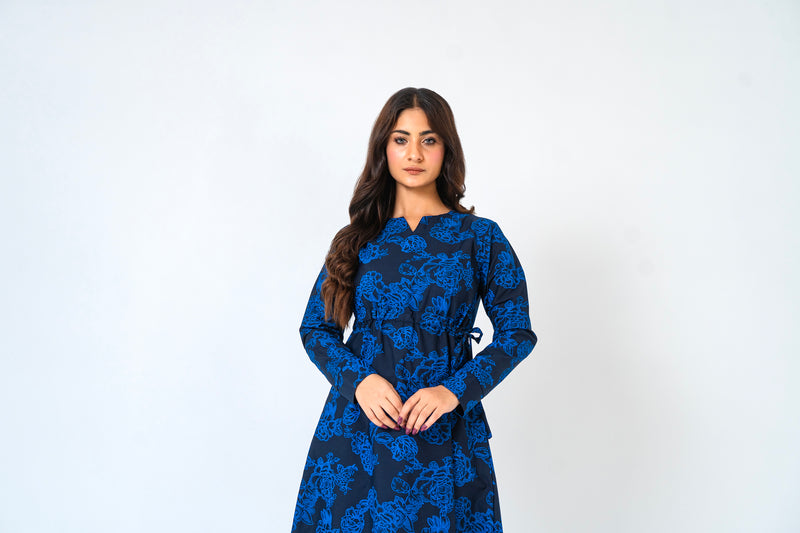 Notch Collar Maxi Dress - Dark Blue Floral