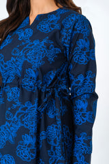 Notch Collar Maxi Dress - Dark Blue Floral