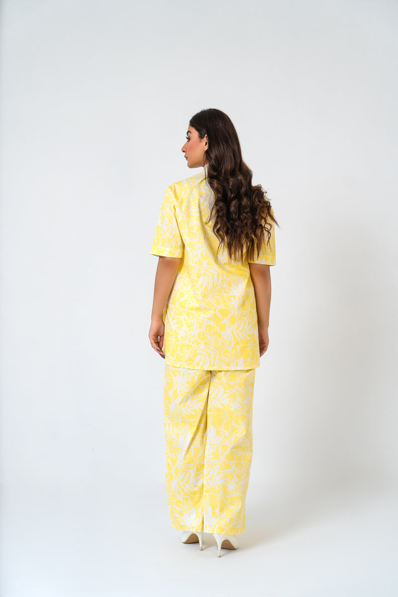 Short Sleeve Long Shirt - Yellow White Floral