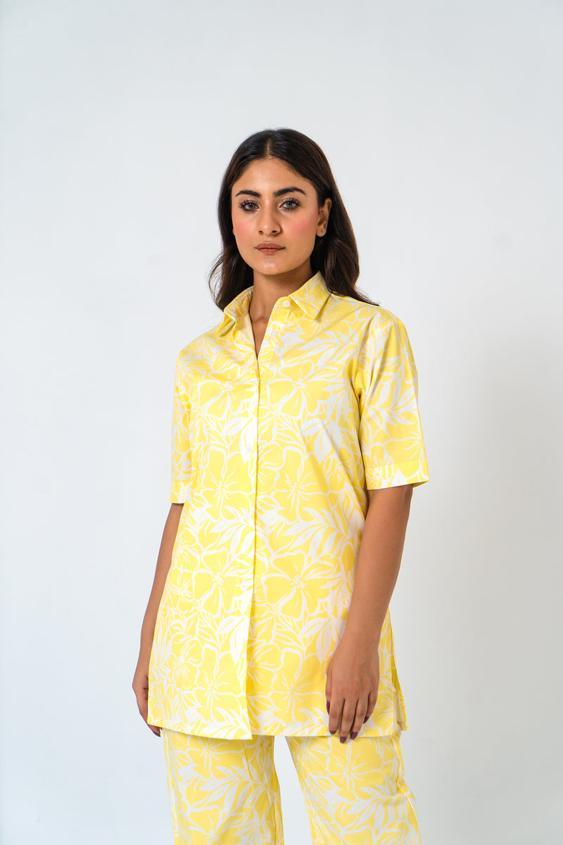Short Sleeve Long Shirt - Yellow White Floral