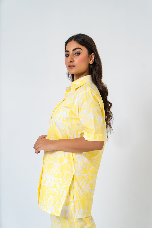 Short Sleeve Long Shirt - Yellow White Floral