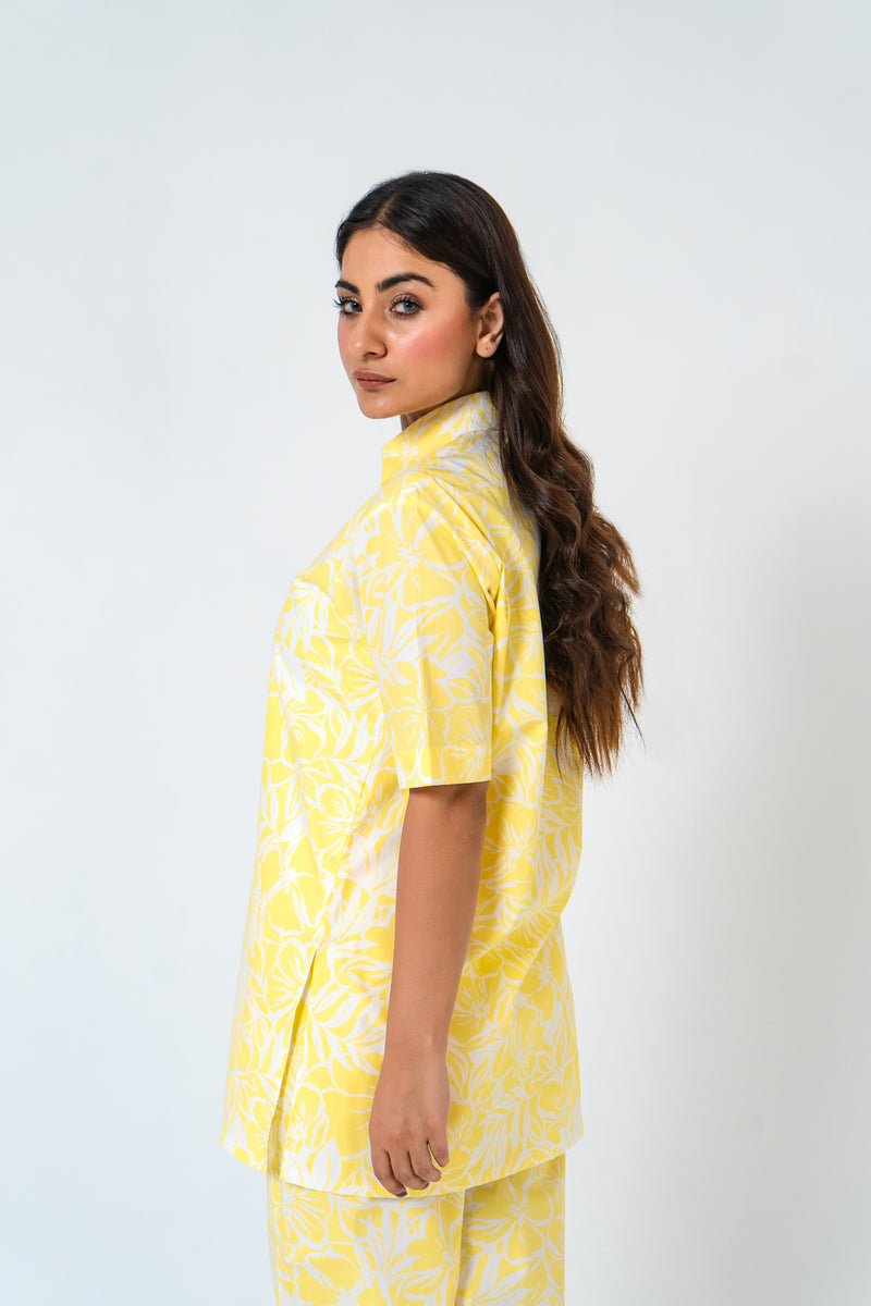 Short Sleeve Long Shirt - Yellow White Floral