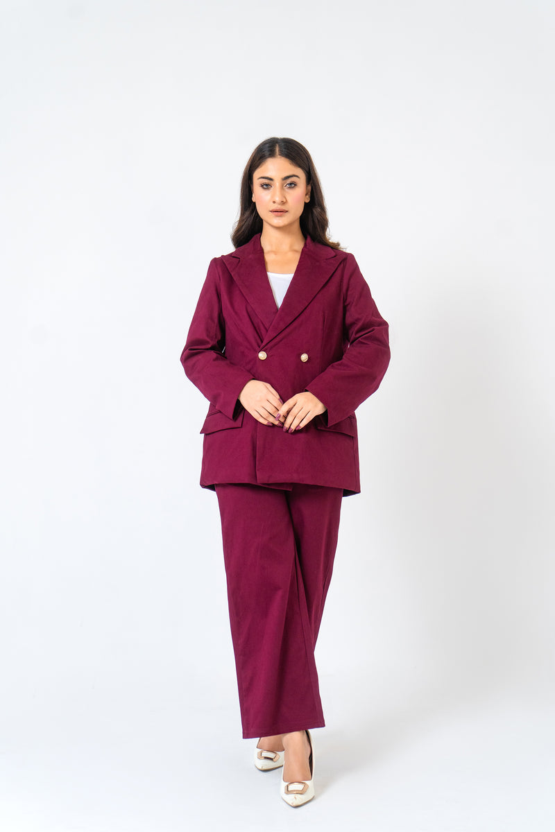 Double Breasted Loose Fit Blazer - Burgundy