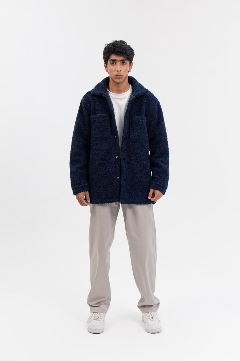 Men's Oversized Sherpa Jacket - Navy Blue