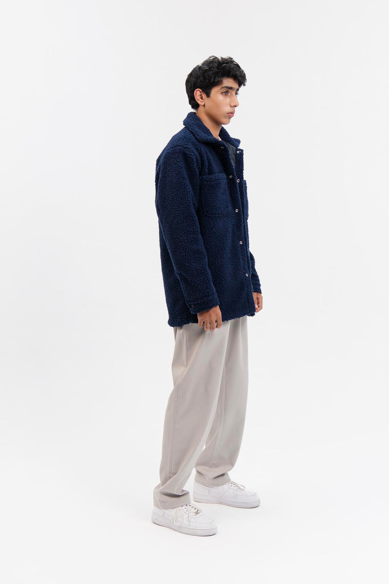 Men's Oversized Sherpa Jacket - Navy Blue