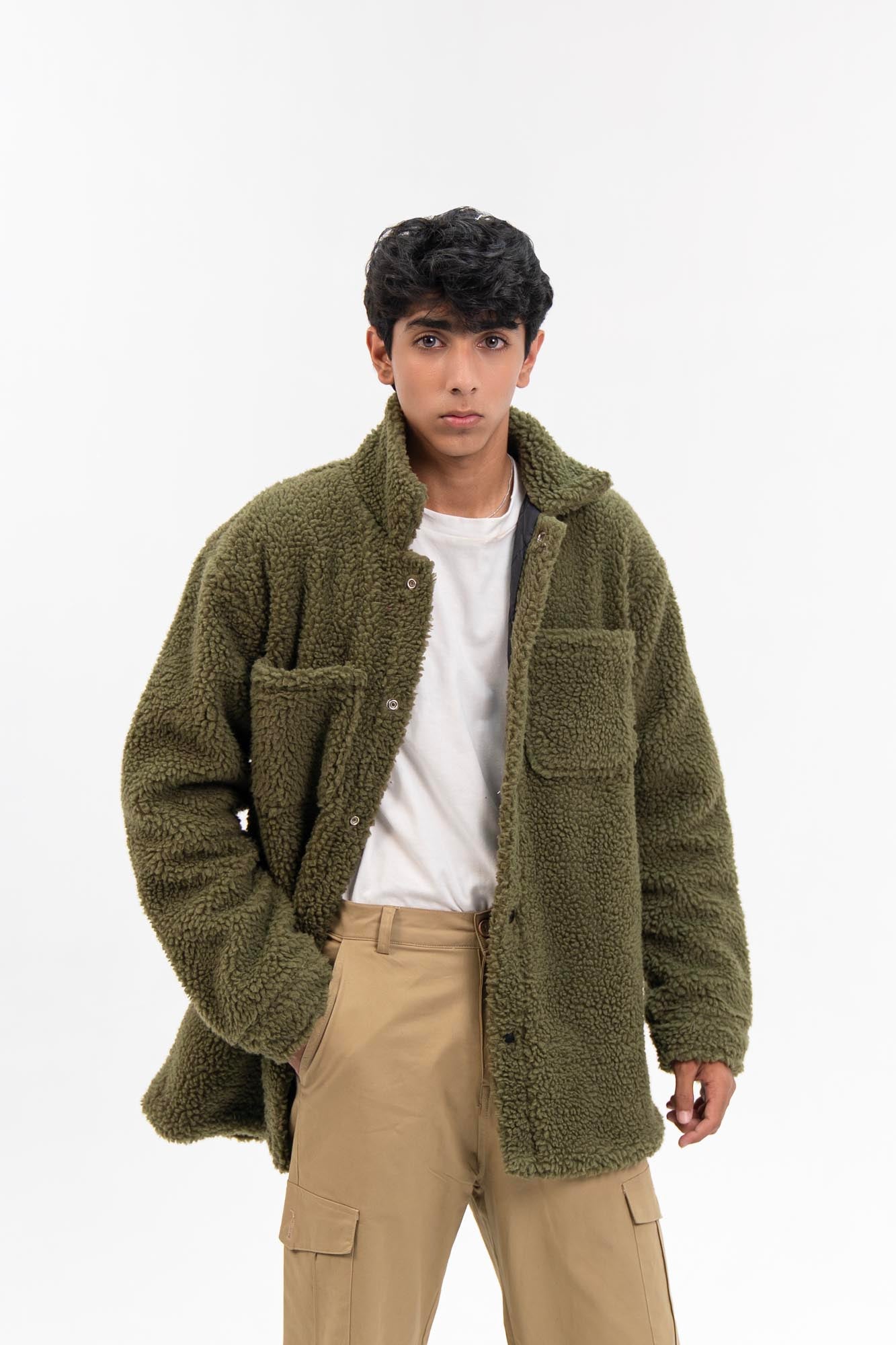 Men's Oversized Sherpa Jacket - Olive