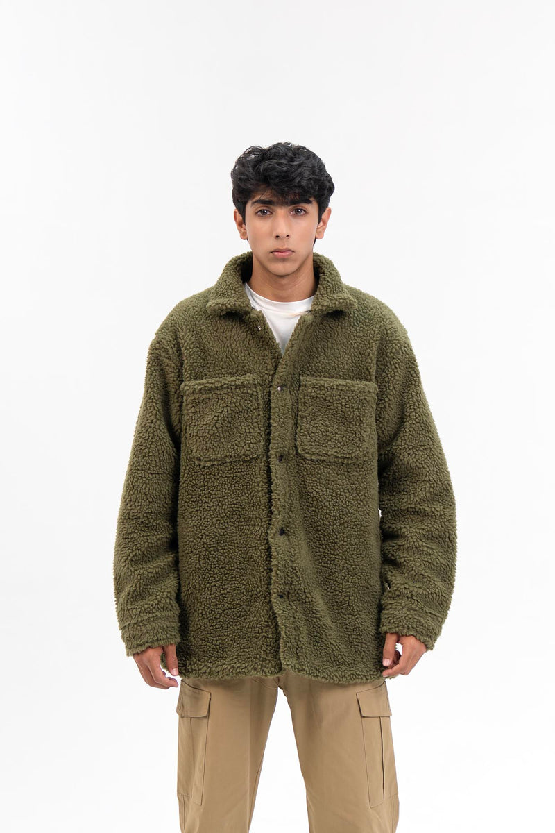 Men's Oversized Sherpa Jacket - Olive