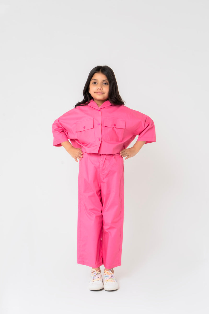 Girls High Waisted Culotte Pant with Pleat- Fuchsia Pink