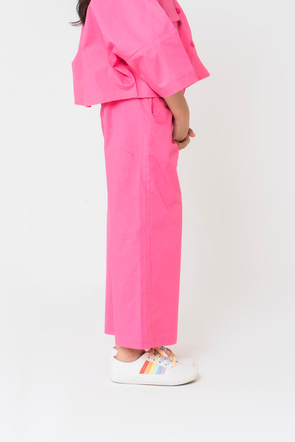 Girls High Waisted Culotte Pant with Pleat- Fuchsia Pink