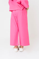 Girls High Waisted Culotte Pant with Pleat- Fuchsia Pink