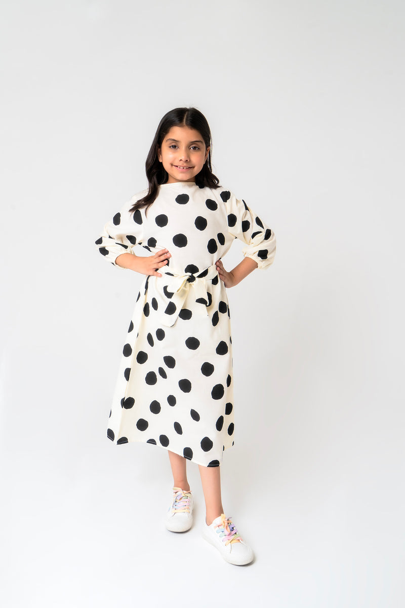 Girls Pleated Puff Sleeve Dress with Belt - White Black Polka Dot