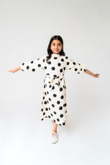 Girls Pleated Puff Sleeve Dress with Belt - White Black Polka Dot