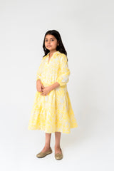Girls V Neck Collared Dress - Yellow White Floral