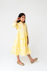 Girls V Neck Collared Dress - Yellow White Floral