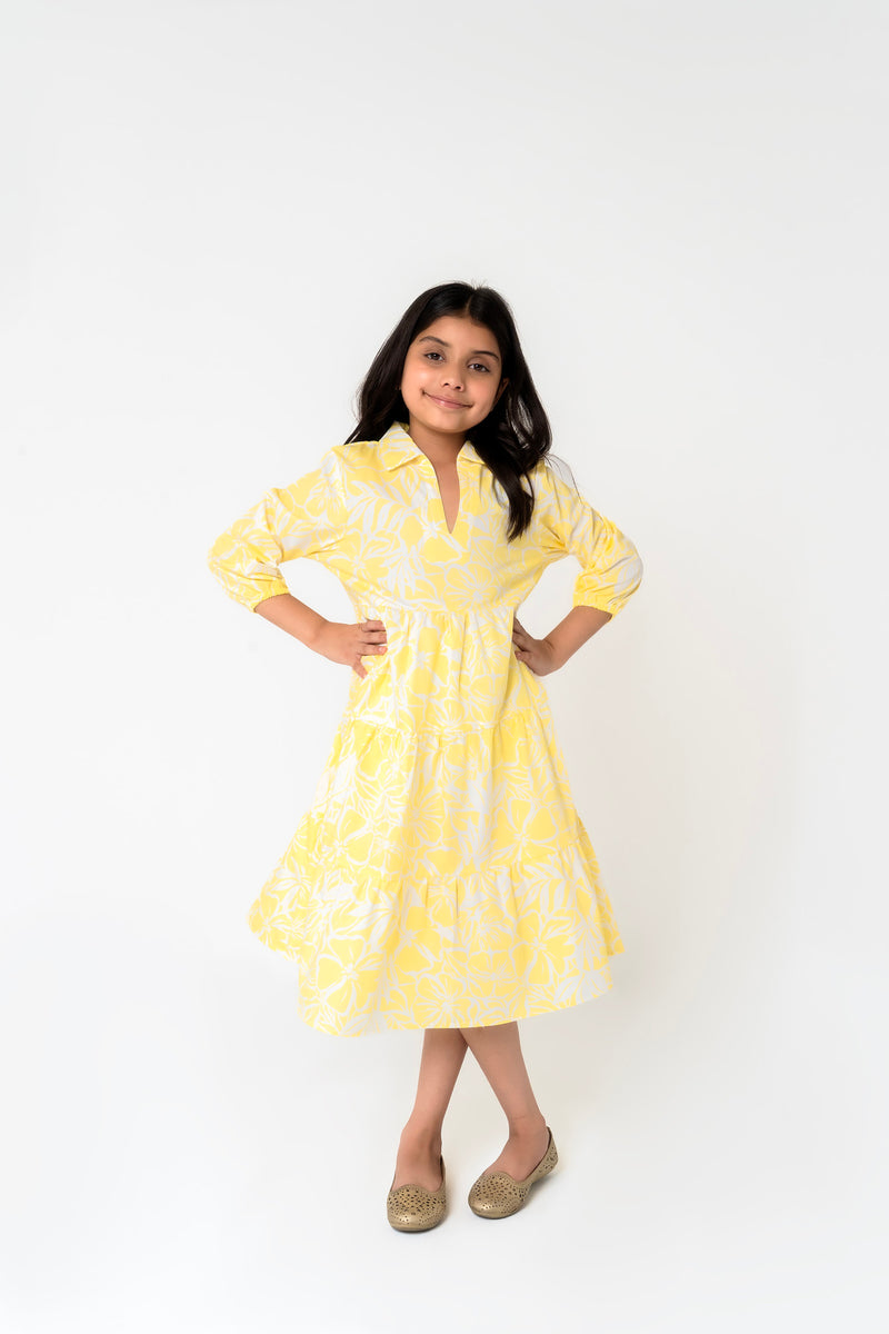 Girls V Neck Collared Dress - Yellow White Floral