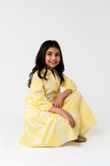 Girls V Neck Collared Dress - Yellow White Floral