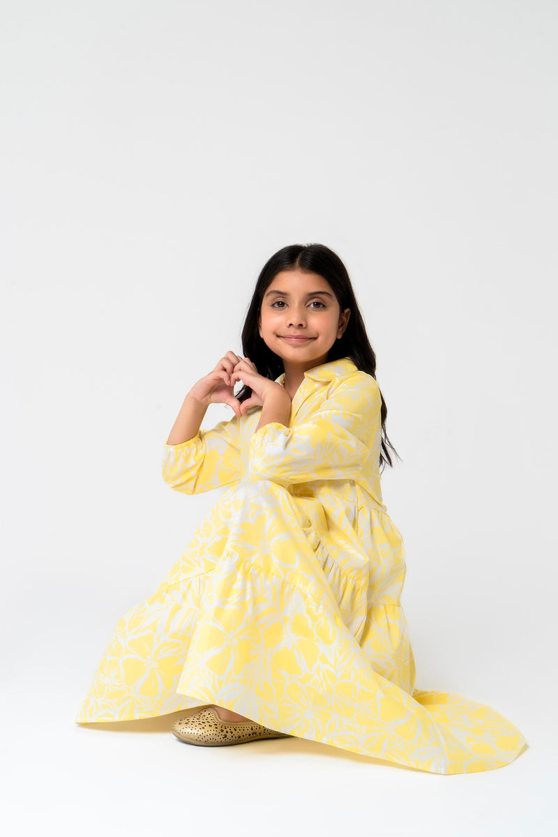 Girls V Neck Collared Dress - Yellow White Floral