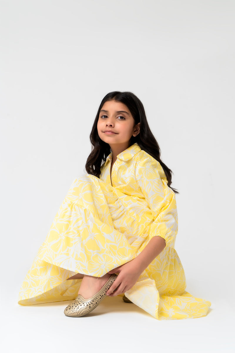Girls V Neck Collared Dress - Yellow White Floral