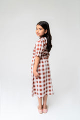 Girls Front Button Maxi Dress - Brown White Buffalo Check