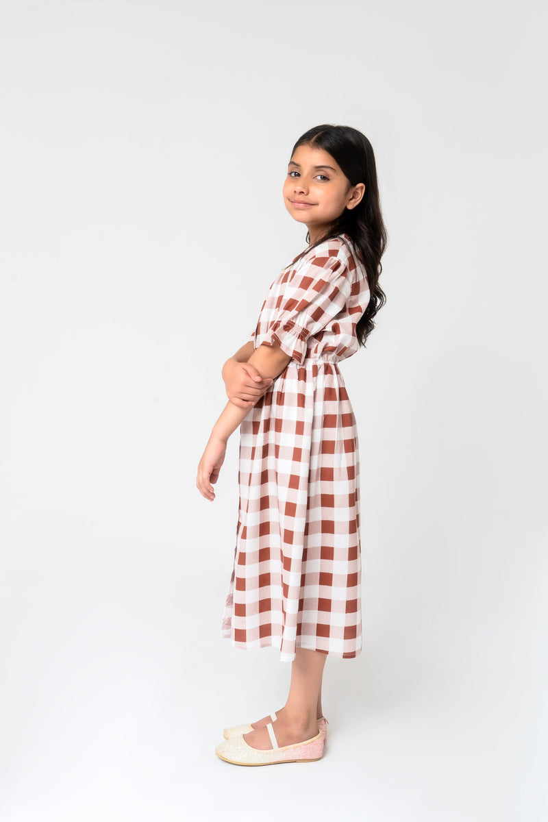 Girls Front Button Maxi Dress - Brown White Buffalo Check