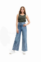 Wide Leg Jean with Patch Pocket - Mid Blue